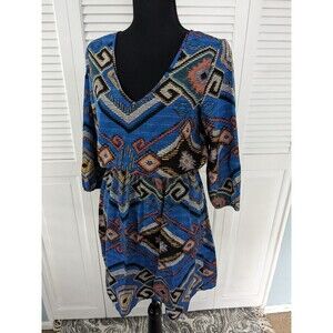 Daytrip Dress Women's sz S Blue Orange Boho Knee Length Aztec Print Southwest
